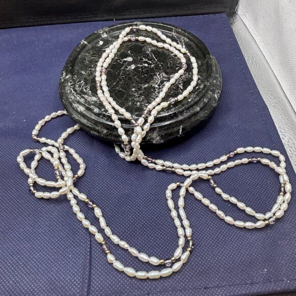 Two Separate Strands Seed Pearl Necklace Amethyst & Gold-Tone Beads 21” Doubled - Picture 8 of 8